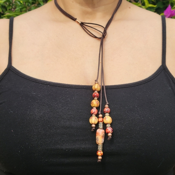 Carnelian & Painted Wood 3 Strand Y Necklace Clasp-Free Handmade Sacral Chakra - Picture 8 of 16